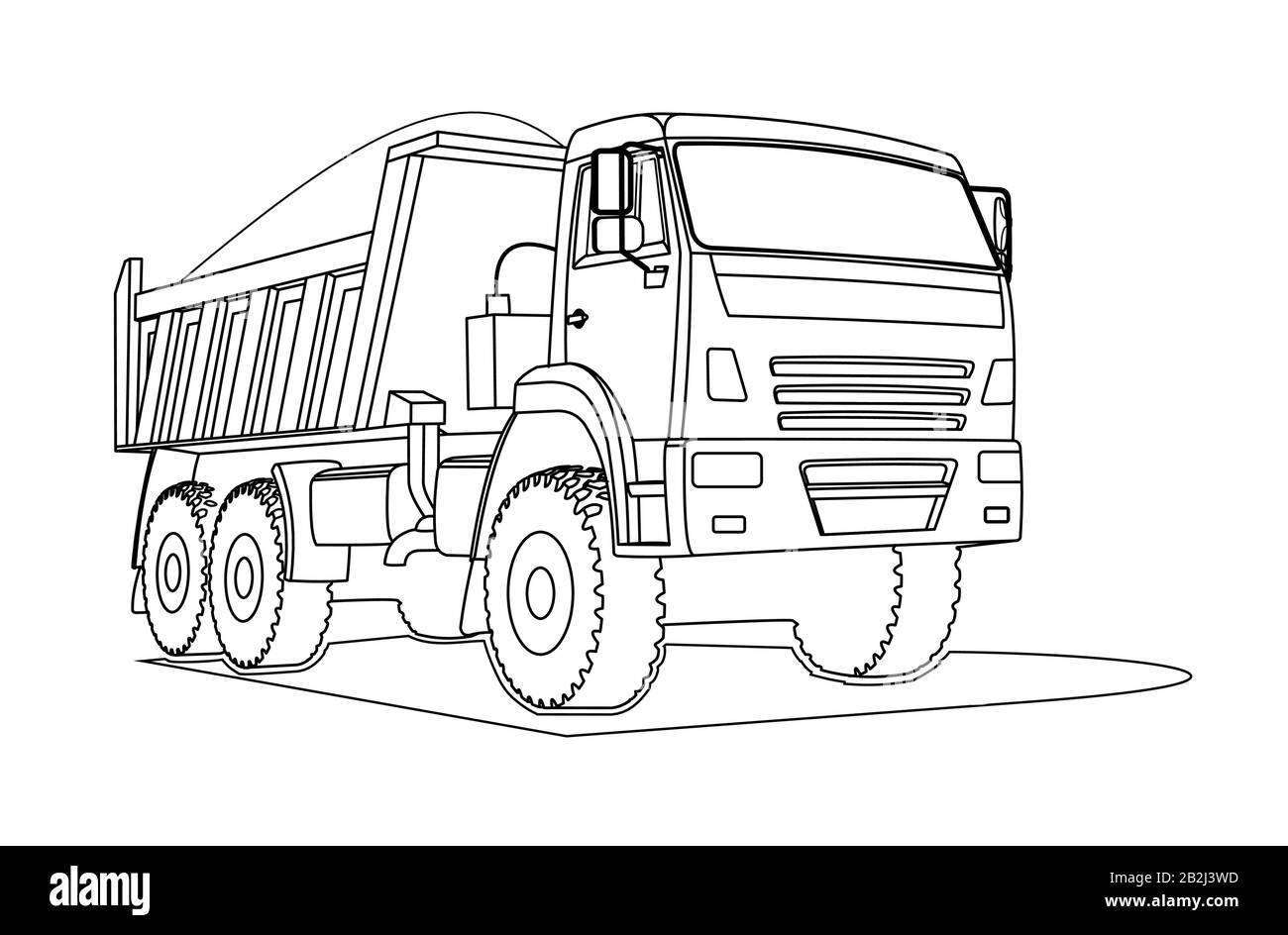 Contour ampio dumper. Per la pagina del libro da colorare. Il dumper trasporta il carico. Tre quarti di vista. Illustrazione Vettoriale