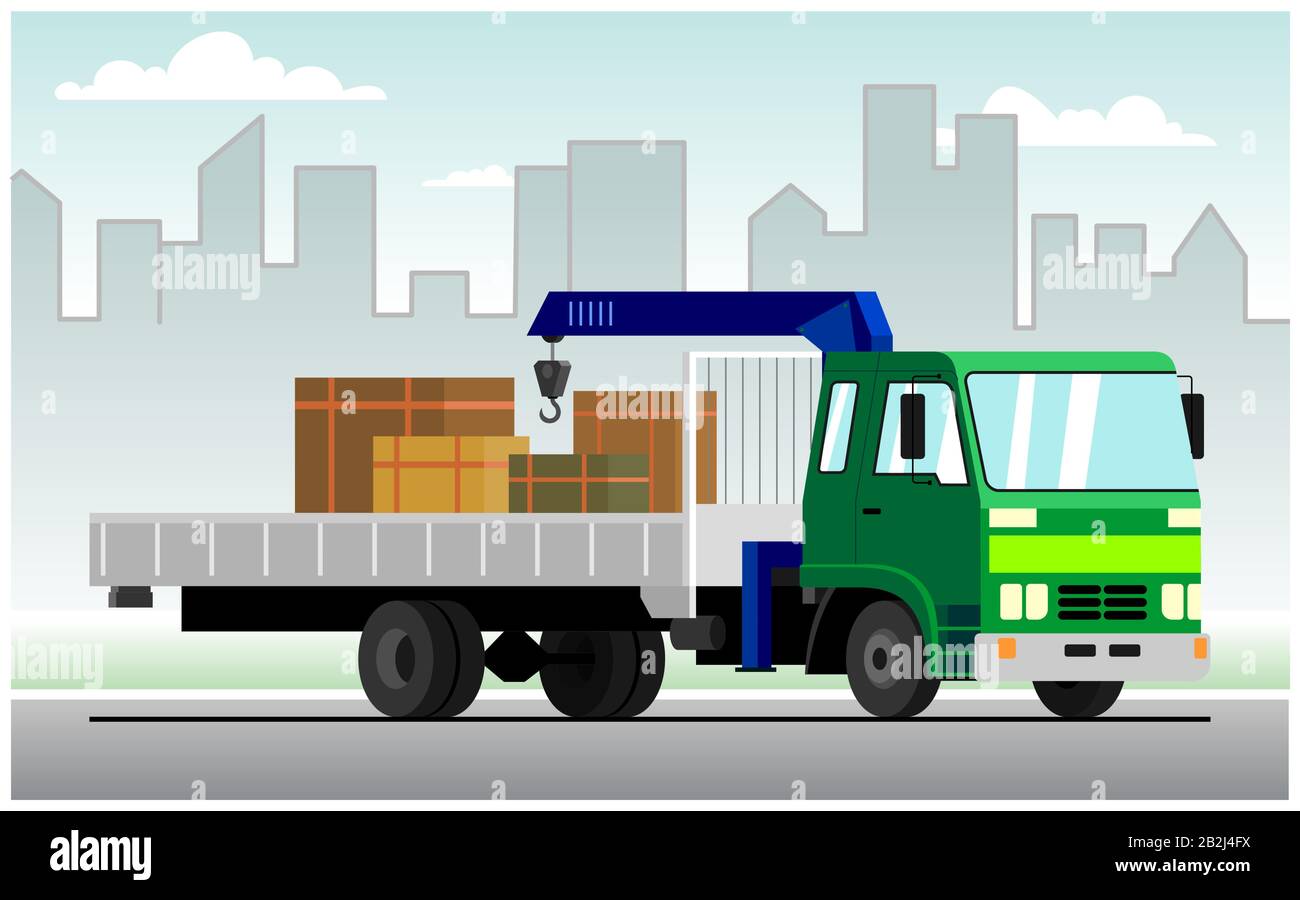 Gru commerciale per camion. Moderna gru mobile a veicolo idraulico per il trasporto di merci sullo sfondo della città. Gru per Camion vettore con g Illustrazione Vettoriale