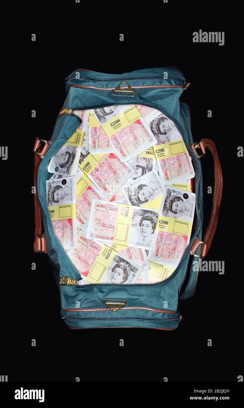 Borsa piena di banconote sigillate Pound vista dall'alto Foto Stock
