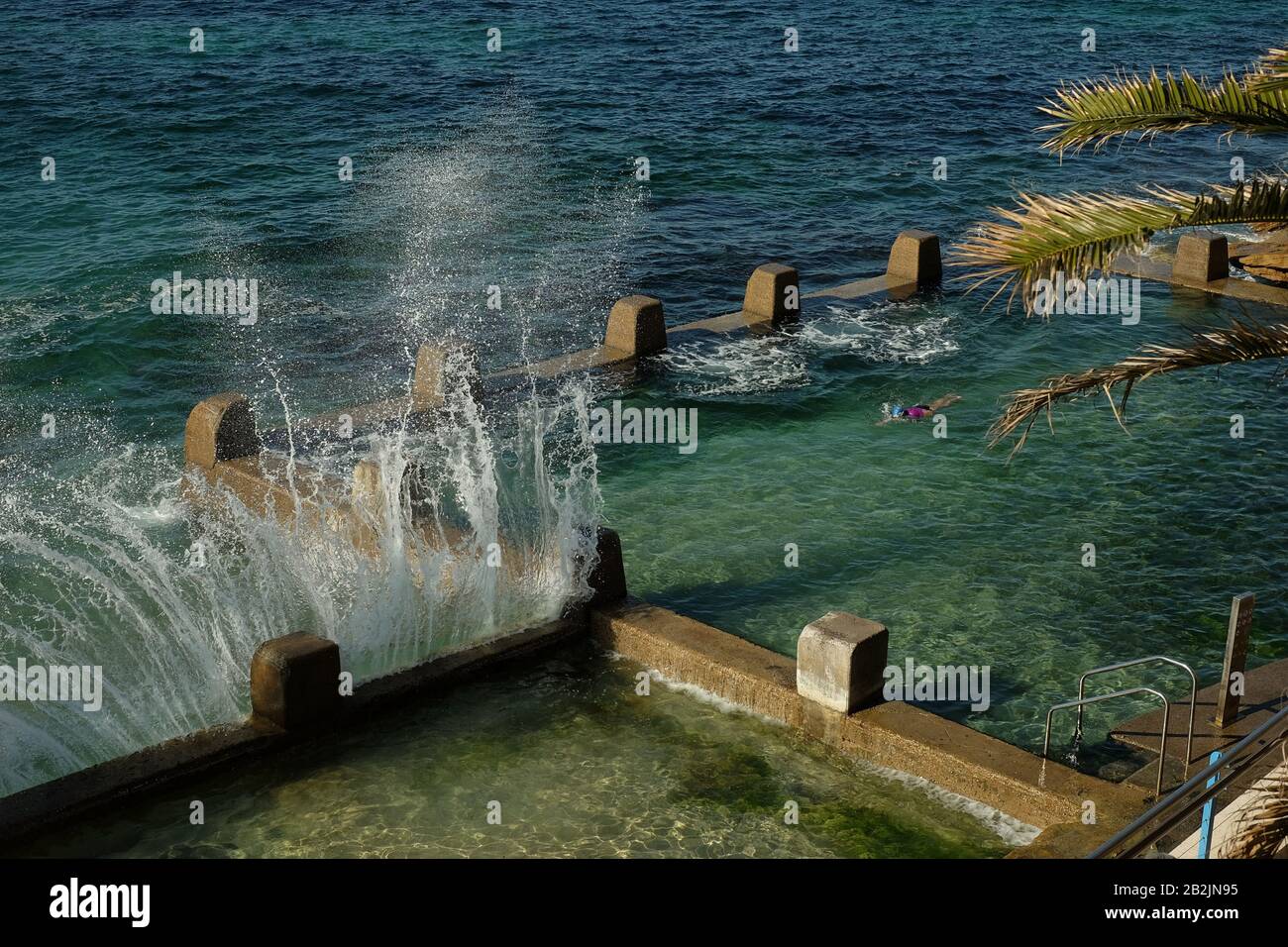 Un nuotatore solitario, fresca acqua verde dell'oceano del Ross Jones Rockpool Coogee con spruzzi di mare che si infrangono contro le pesanti pareti di cemento meritato, Sydney Foto Stock