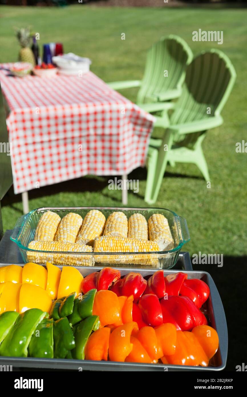 Fette di peperoni e mais dolce in contenitori di vetro con tavolo da pranzo e sedie in prato Foto Stock