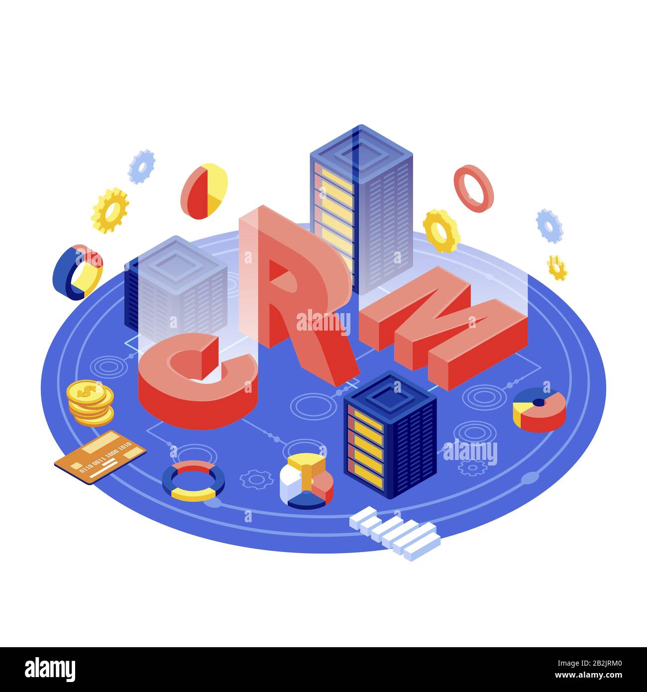 Illustrazione vettoriale isometrica del server CRM. Software di gestione delle relazioni con i clienti. Database client e tecnologia digitale di automazione aziendale. E-Commerce Illustrazione Vettoriale