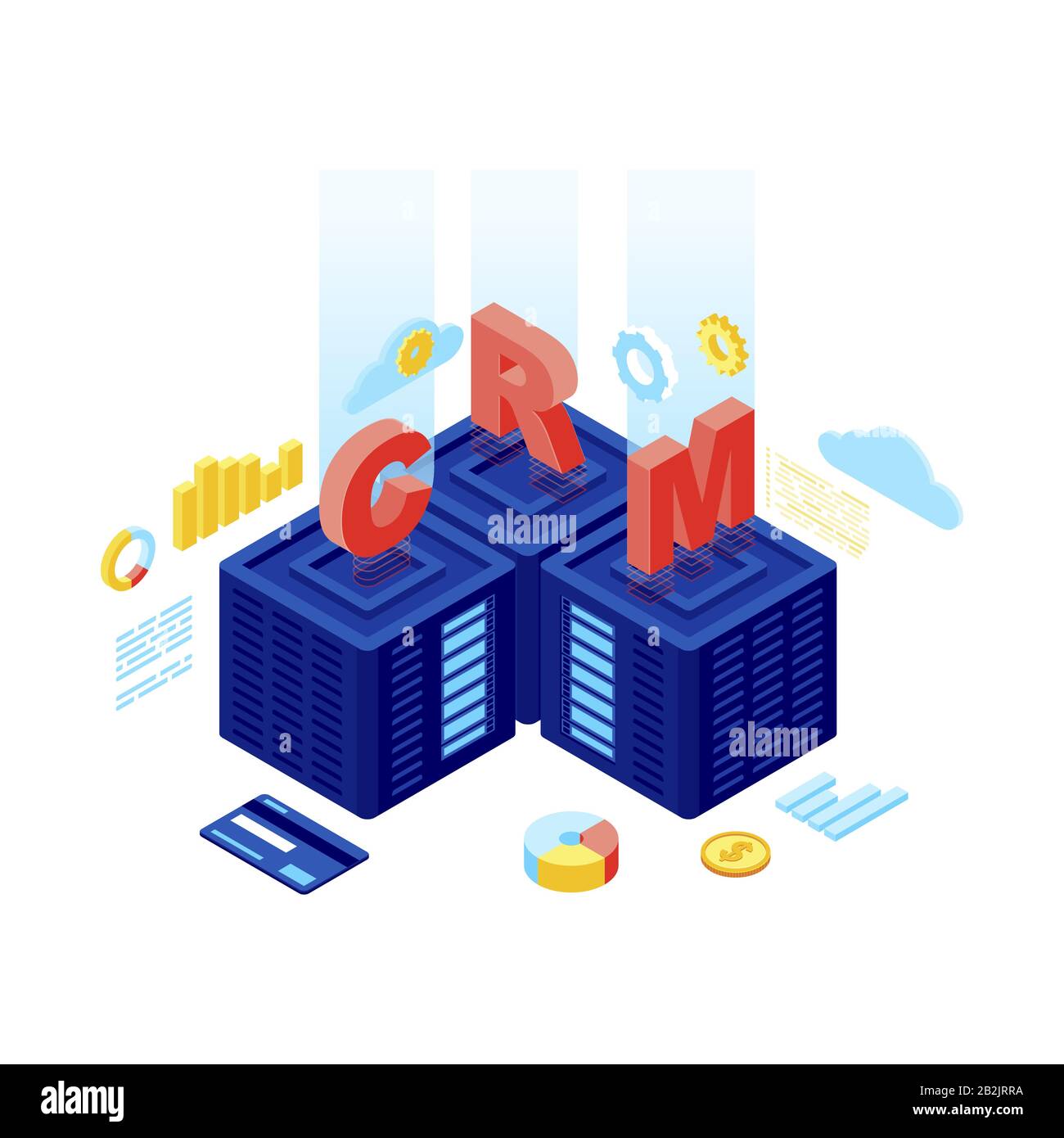 Illustrazione vettoriale isometrica del sistema CRM. Software di gestione delle relazioni con i clienti. Server CRM, database, Saas. Storage e analisi dei dati dei clienti Illustrazione Vettoriale