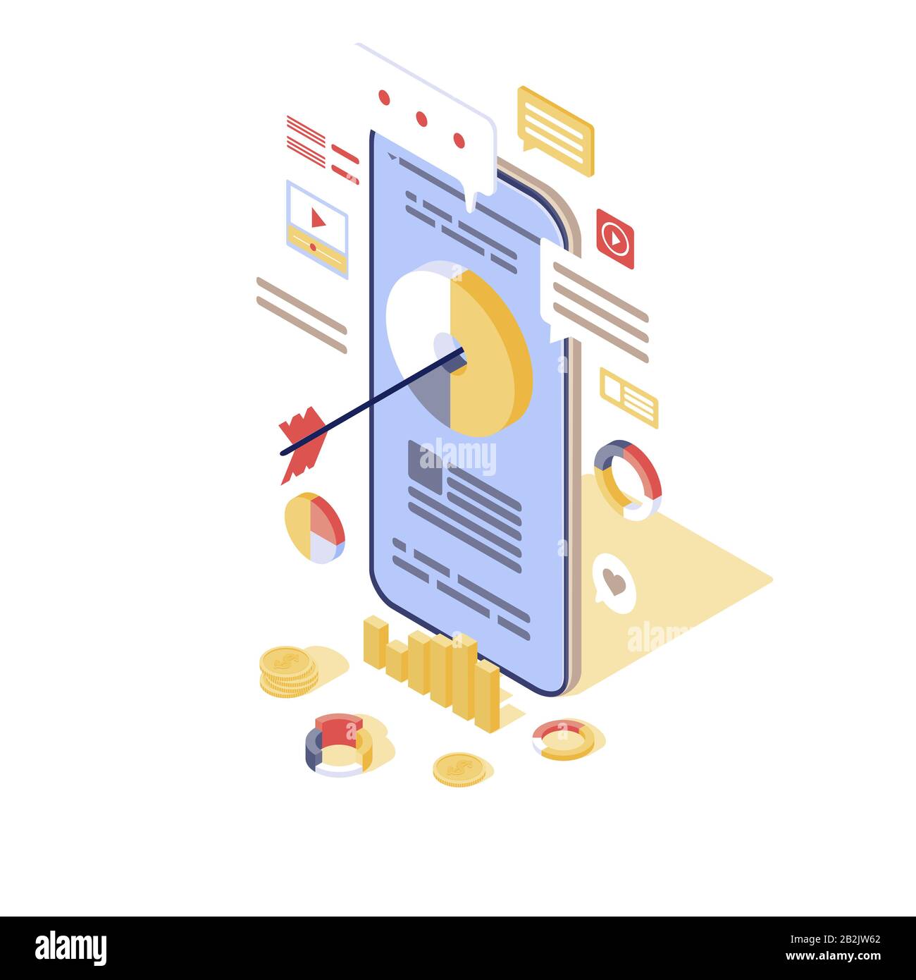 Illustrazione vettoriale isometrica della pubblicità target. Concetto di 3d per il marketing digitale in entrata. SMM, media advertising. Attrazione e lead del cliente Illustrazione Vettoriale