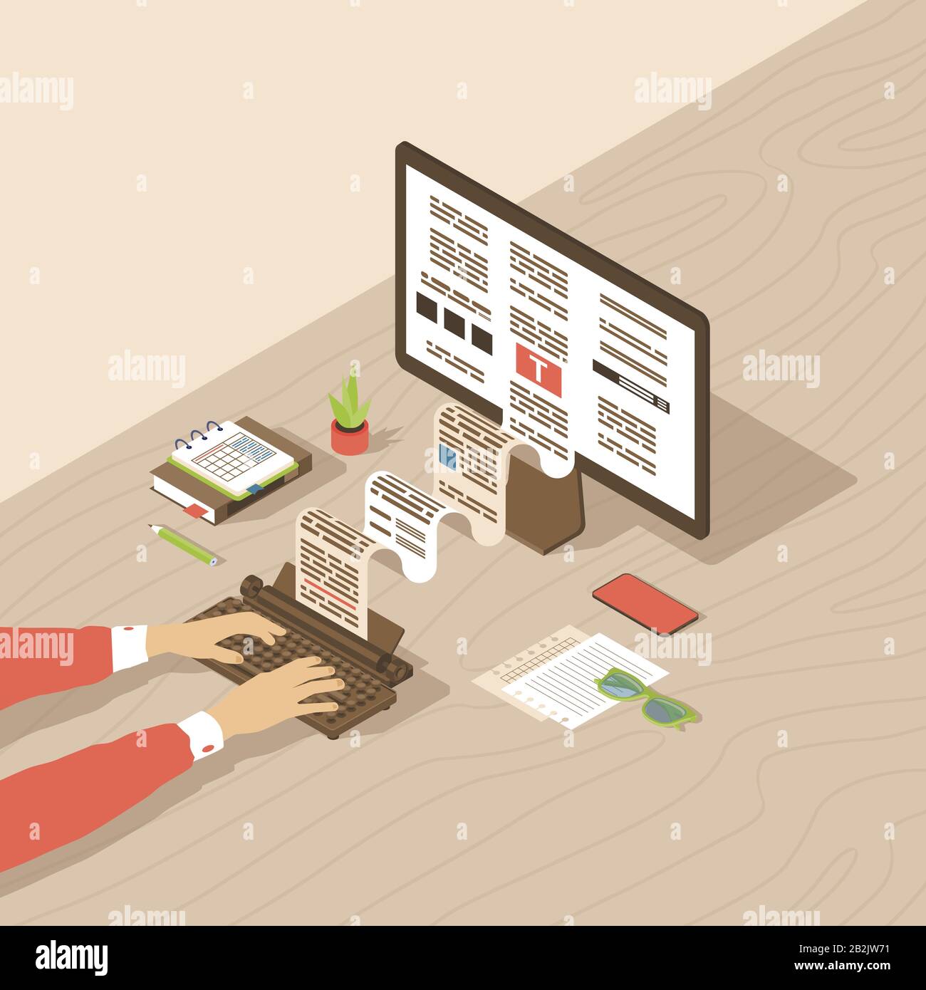 Copywriting, illustrazione isometrica della creazione del contenuto. Editore, copywriter, autore del libro che scrive il testo con macchina da scrivere. Articolo del blog, scrittura di saggio Illustrazione Vettoriale