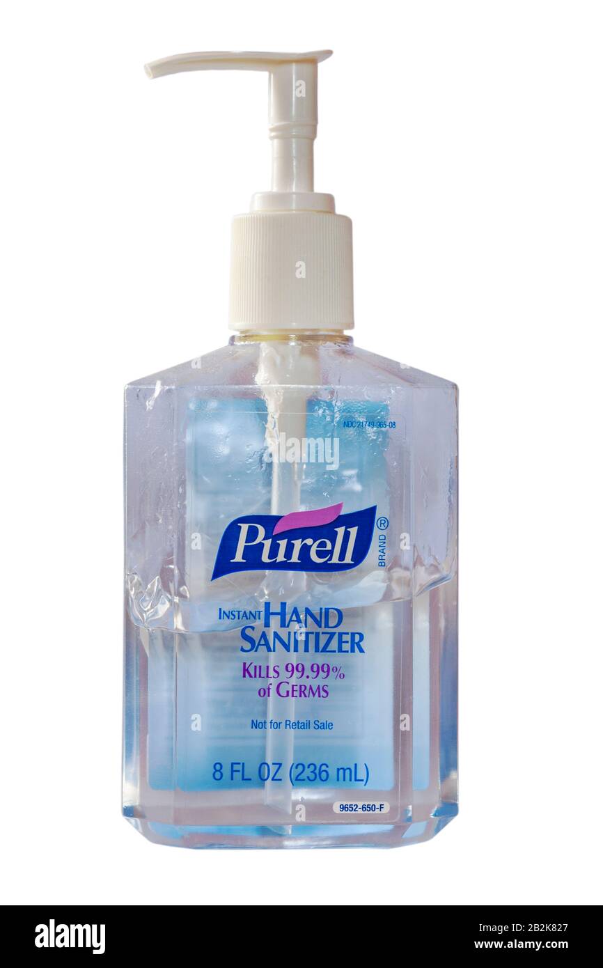 Bottiglia di purrell Instant Hand Sanitizer uccide il 99,99% dei germi, gel mani, isolato su sfondo bianco Foto Stock