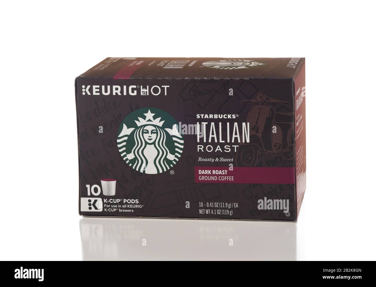 Irvine, CALIFORNIA - 30 APRILE 2019: Un pacchetto di Keurig Starbucks Italian Roast Coffee K-Cups Pod. Foto Stock