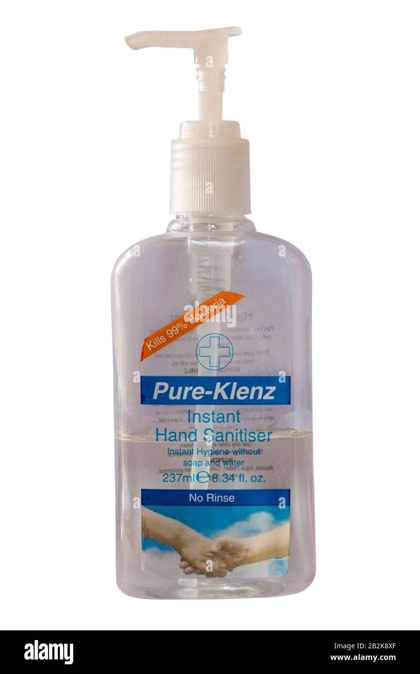 Flacone di soluzione igienizzante per mani istantaneo pure-Klenz uccide il 99% dei batteri igiene istantanea senza sapone e acqua isolati su sfondo bianco Foto Stock