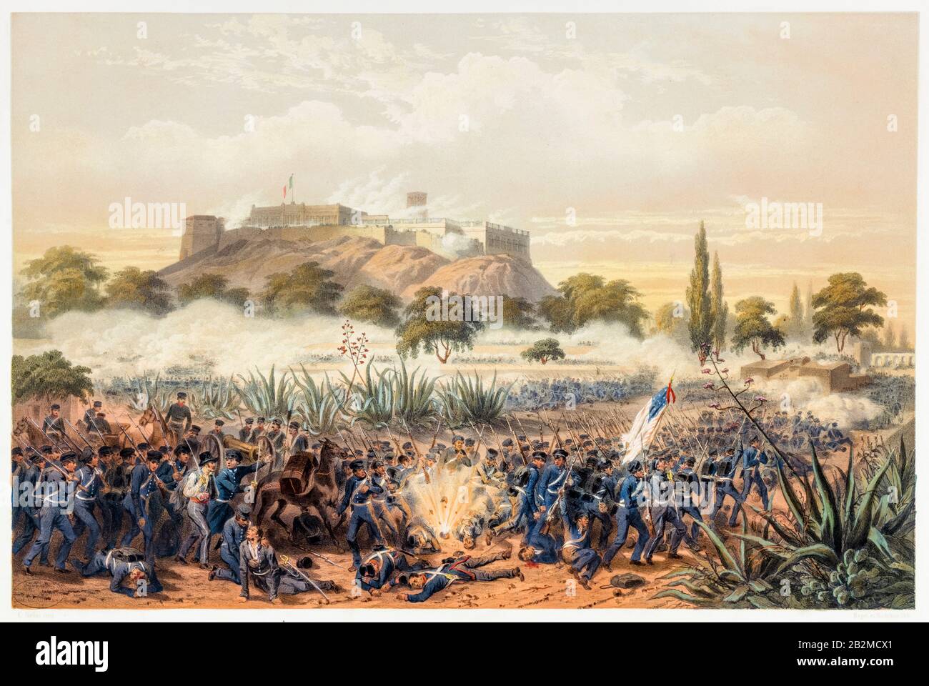 Battaglia di Chapultepec, 12–13th settembre 1847, attacco del generale Quitman, guerra messicano-americana (1846-1848), stampa di Carl Nebel, Adolphe Bayot, 1851 Foto Stock