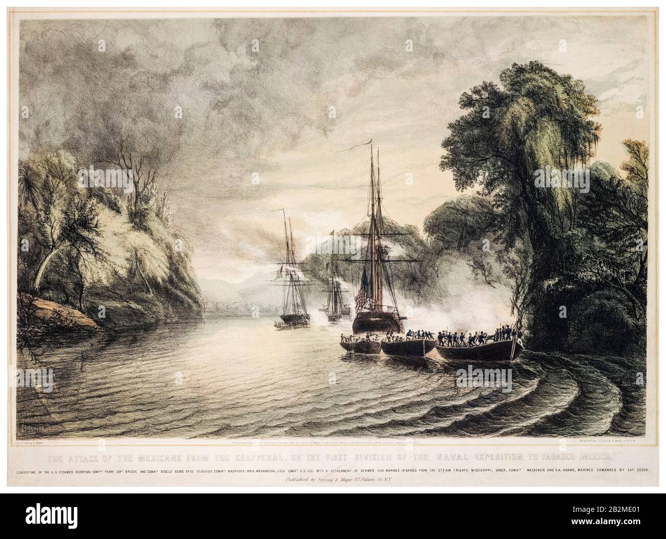 Scena navale dalla Seconda battaglia di Tabasco (Battaglia di Villahermosa), 15 giugno-16th 1847, durante la guerra messicano-americana (1846-1848), stampa di H Walke, 1848 Foto Stock