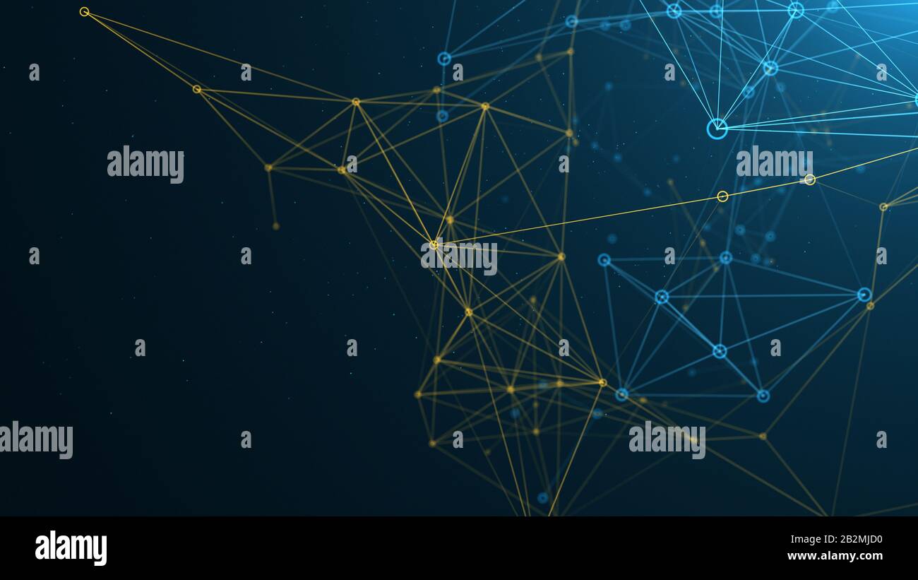 Digital astract Network di linee blu e gialle e punti collegati. Background tecnologico Foto Stock