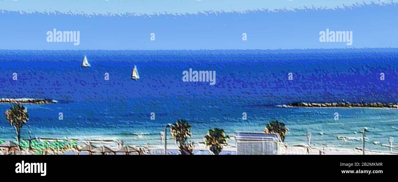Un banner di dimensioni computer mostra due barche a vela bianche in un mare di acqua blu e cielo, con un effetto dipinto aggiunto. Foto Stock