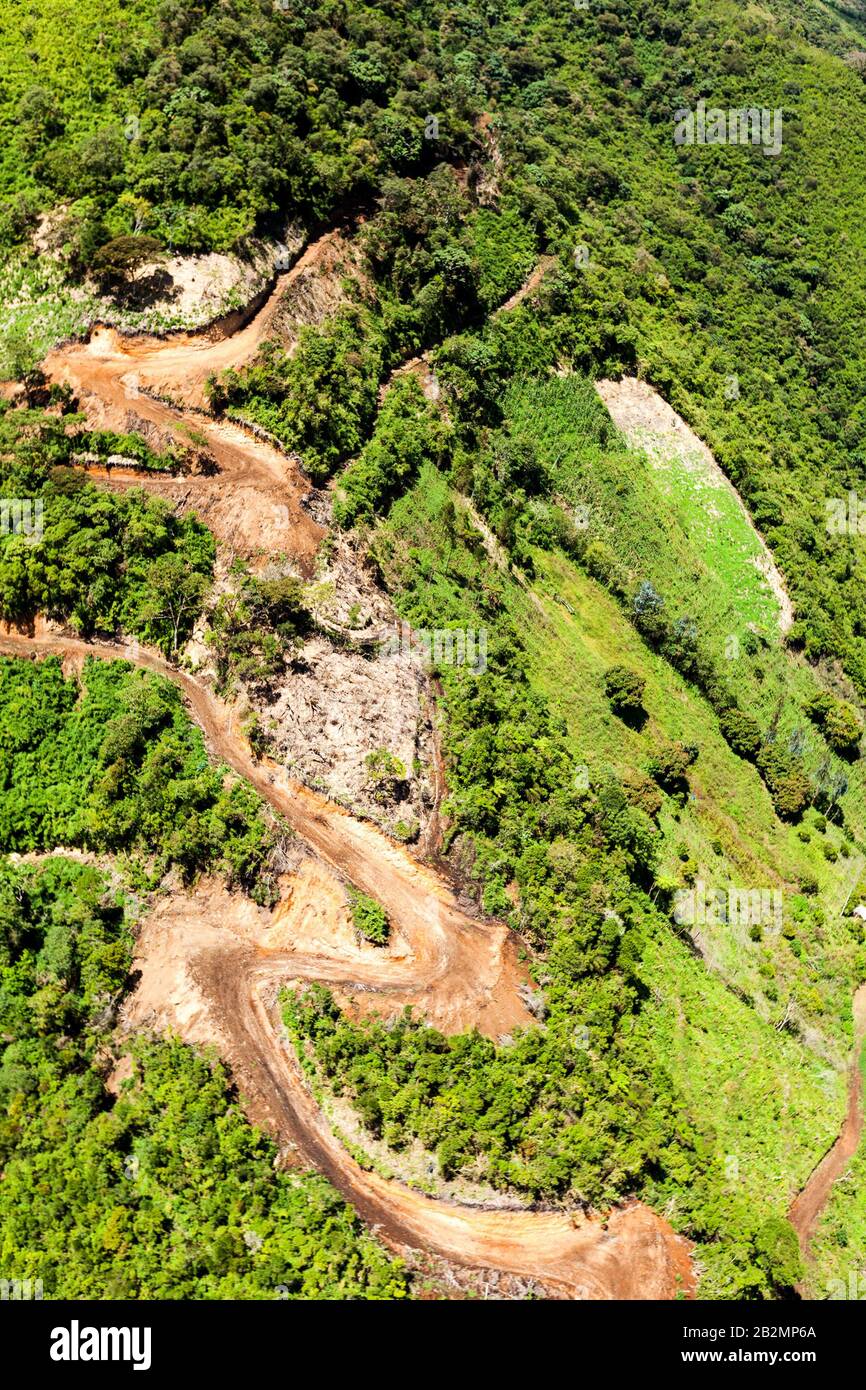 Alta Altitudine Forestal Road nelle Ande ecuadoriane Llanganates Nazione Park Full Size Shot in elicottero Foto Stock