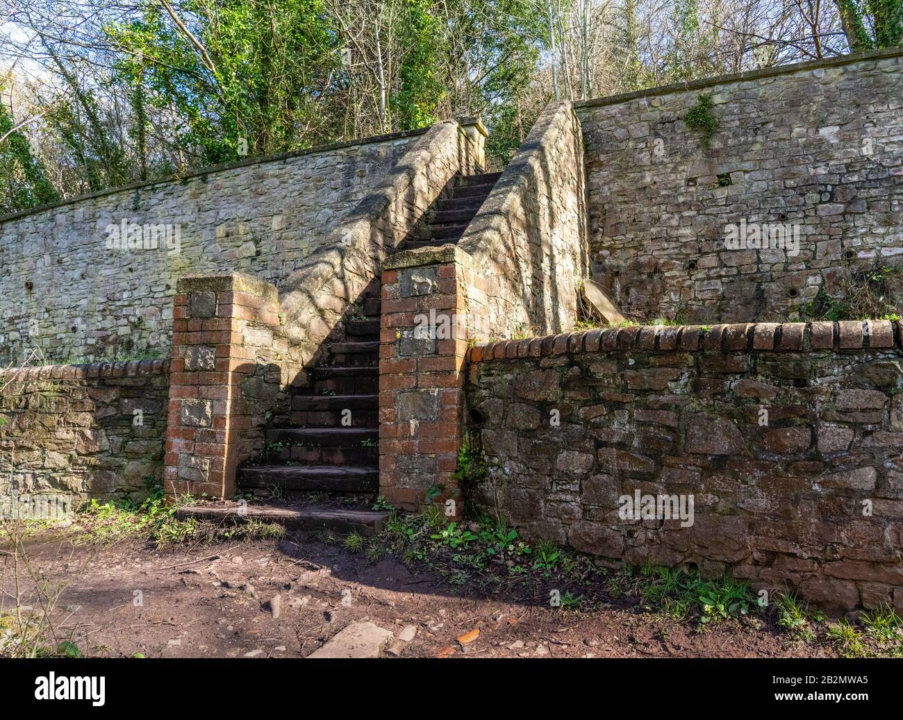 Terrazze Giardino e gradini della magione adesso demolita dei Vescovi Knoll nel Parco Old Sneed sopra la gola di Avon Bristol UK Foto Stock