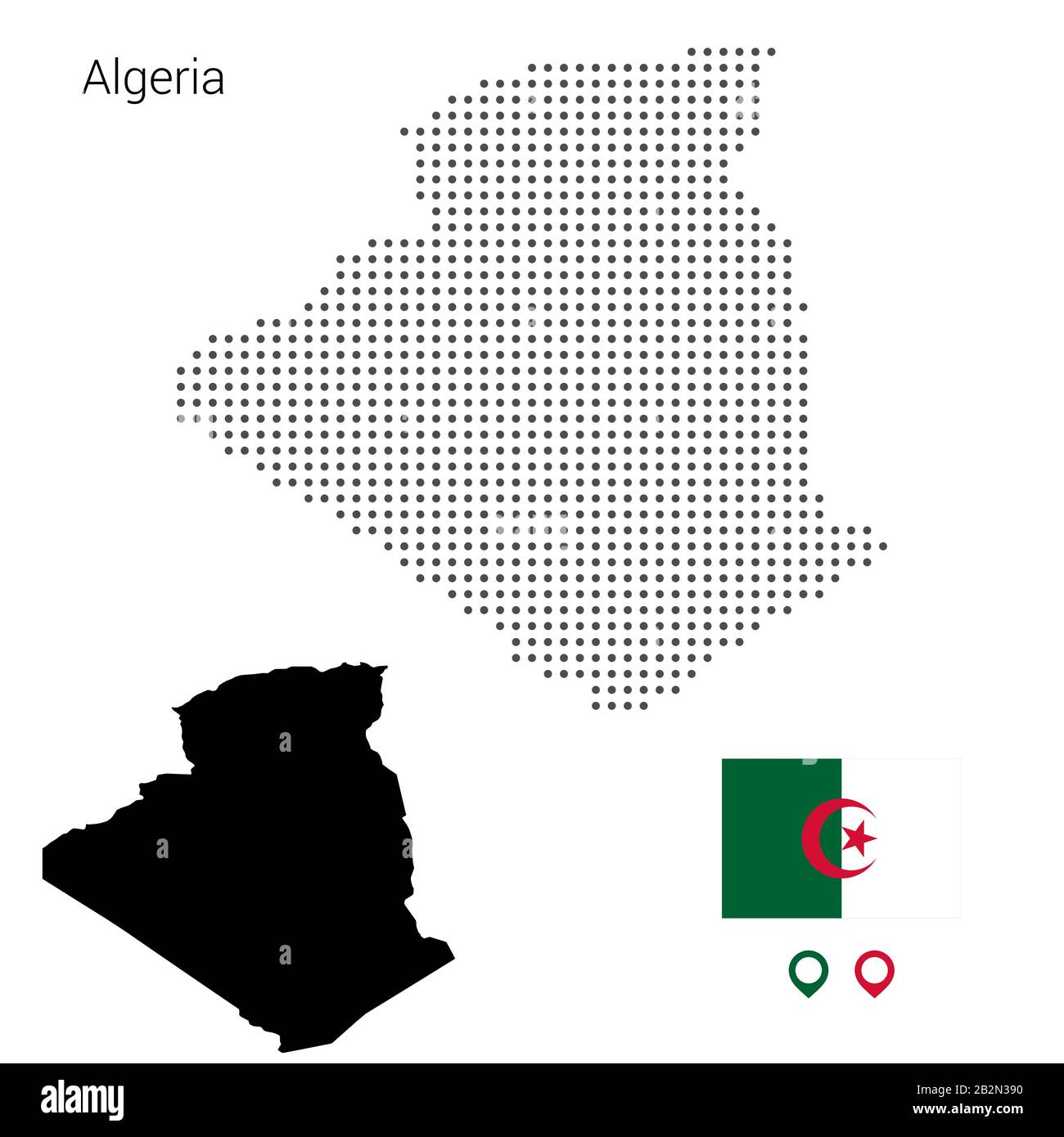 Vettore mappa Algeria punteggiato, con bandiera e pin, Illustrazione. Web design, carta da parati, volantini, filmati, poster brochure banner Illustrazione Vettoriale
