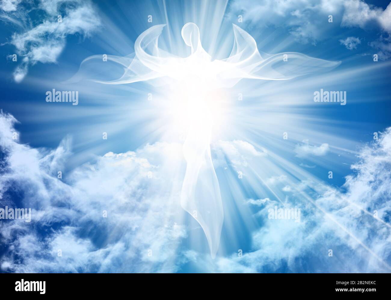 Illustrazione angelo bianco astratto. Cielo nuvole con raggi luminosi. Cielo. Sfondo blu Foto Stock