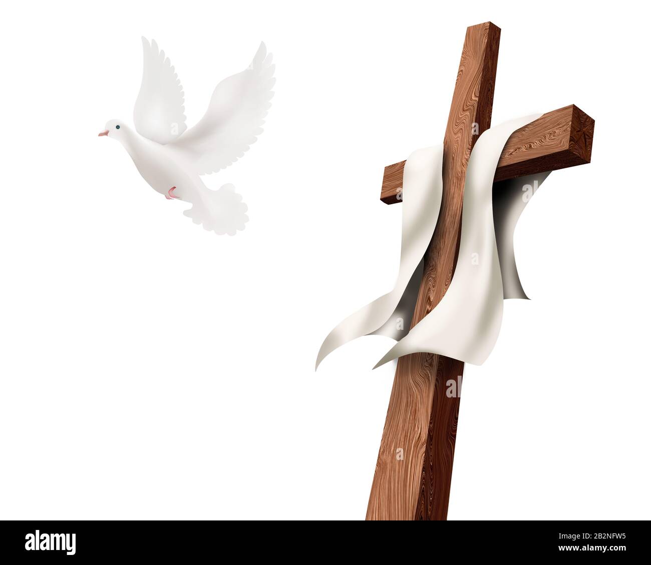 Croce cristiana isolata con colomba volare lontano isolato. Concetto di resurrezione. Pasqua Foto Stock