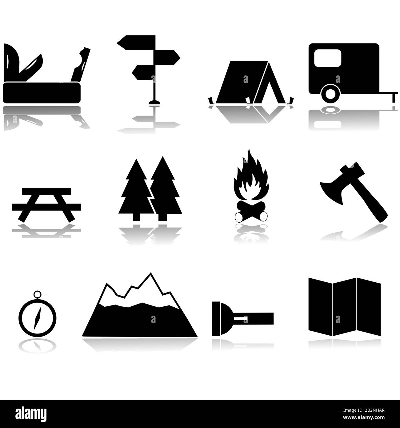 Insieme di icone che mostrano gli elementi relativi ai viaggi in campeggio e alle attività all'aperto Illustrazione Vettoriale