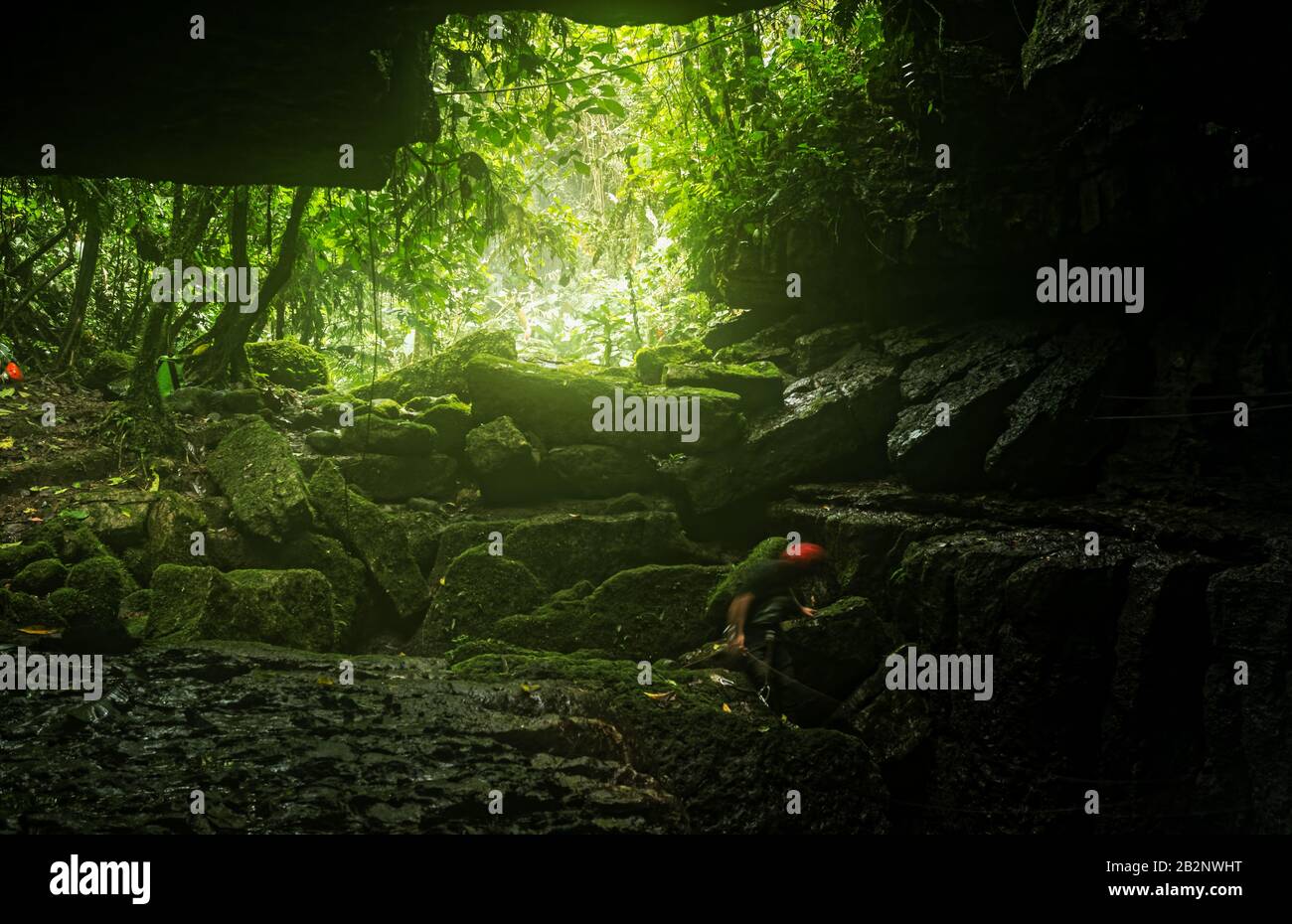 Una persona che indossa un casco rosso e abiti scuri sta navigando su terreni rocciosi ricoperti di muschio all'interno di un ingresso alla grotta. La scena è illuminata dalla luce naturale che filtra attraverso una fitta tettoia della giungla Foto Stock