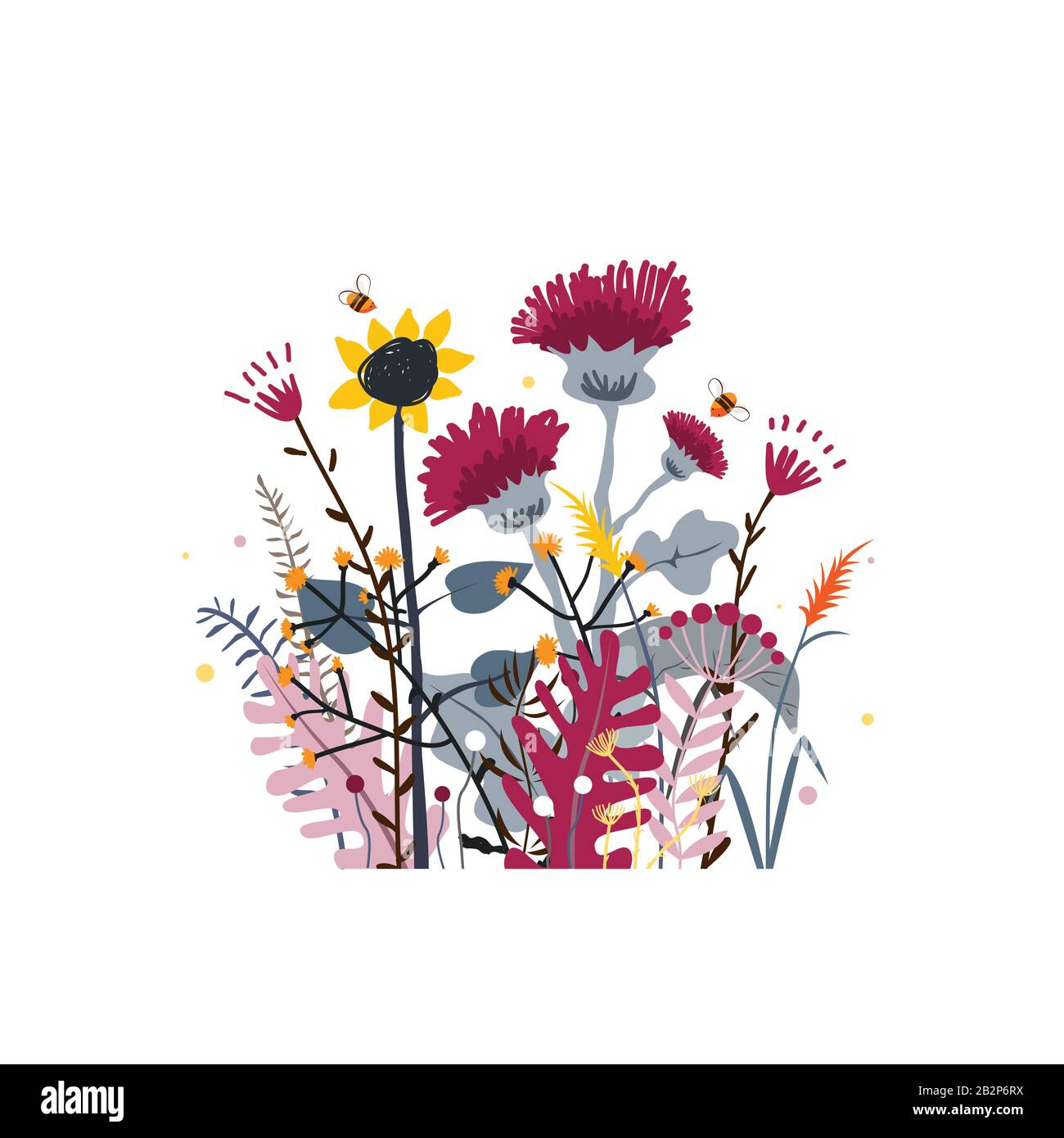 Selvatica e miele prato fiori mazzo. Sfondo vettoriale natura con le erbe selvatiche disegnate a mano, fiori e foglie su bianco. Illustrazione Vettoriale