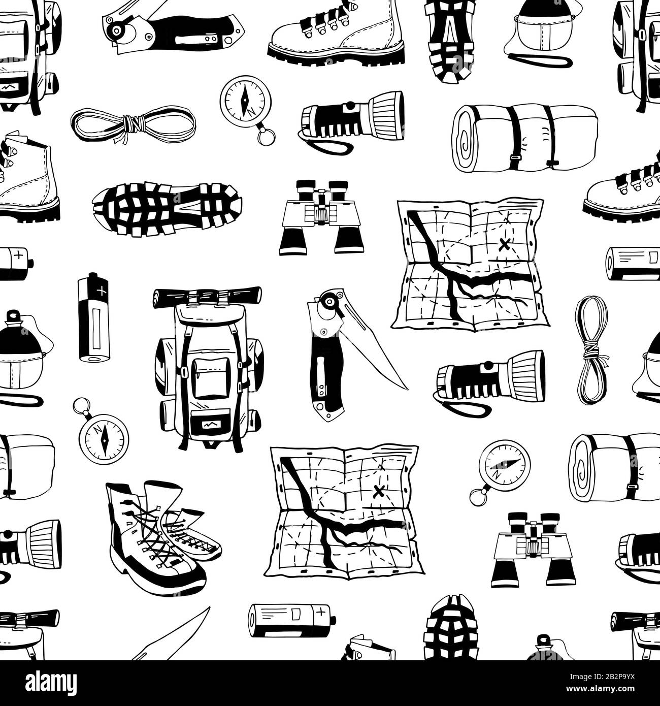 Vettore monocromatico motivo senza giunture con elementi neri isolati su bianco. Texture infinita alla moda. Design per il turismo, campeggio. Zaino, stivali, mappa Illustrazione Vettoriale