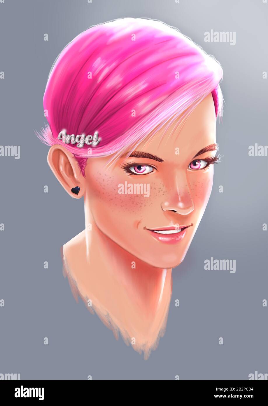 Illustrazione digitale del ritratto della ragazza con capelli rosa corti e occhi rosa Foto Stock