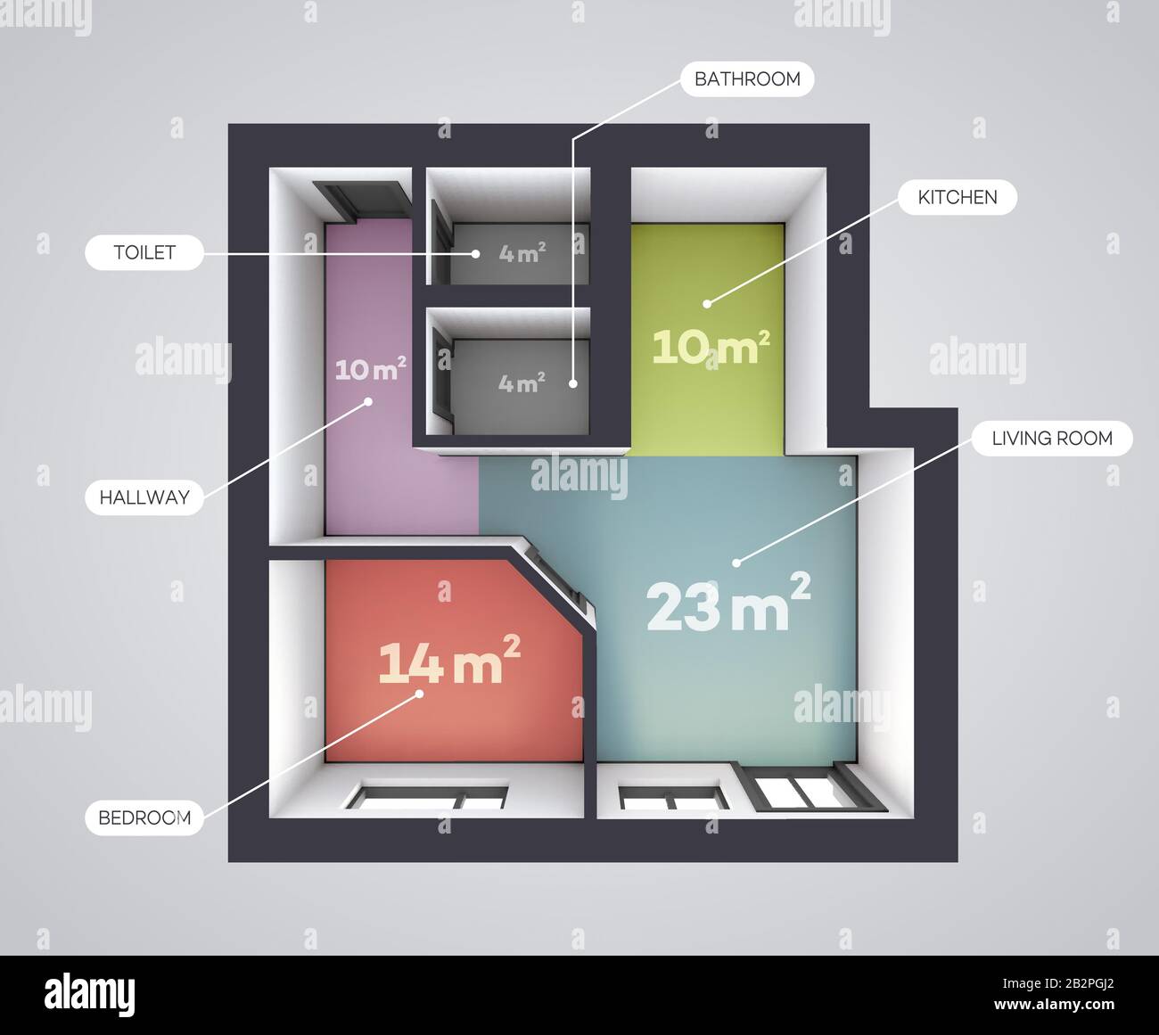 Pianta A Colori Architettonica. Appartamento Monolocale Con Una Camera Da Letto. Stile Di Rendering Della Vista Superiore Illustrazione Vettoriale
