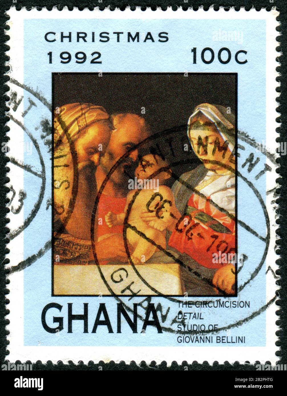 Ghana - CIRCA 1992: Un francobollo stampato in Ghana, raffigura i dettagli o interi dipinti: La Circumcisione, di Studio di Giovanni Bellini, circa 1992 Foto Stock