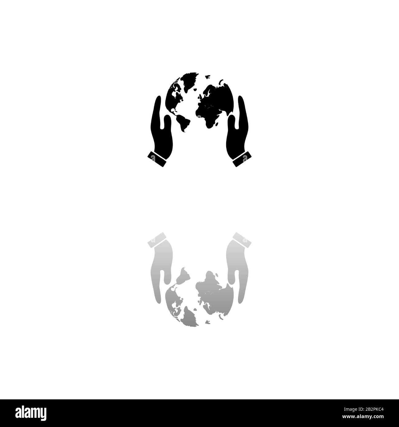 Mani che tengono terra del globo. Simbolo nero su sfondo bianco. Illustrazione semplice. Icona Vettore Piatto. Riflessione Speculare Shadow. Può essere usato in logo, web Illustrazione Vettoriale