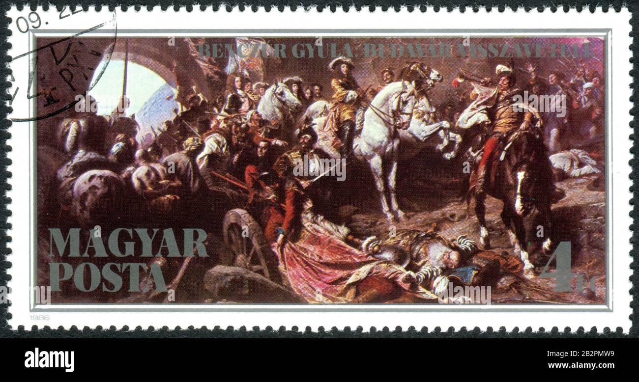 Ungheria - CIRCA 1986: Un francobollo stampato in Ungheria, raffigura La Riconquista del Castello di Buda, dipinto da Gyula Benczur, circa 1986 Foto Stock