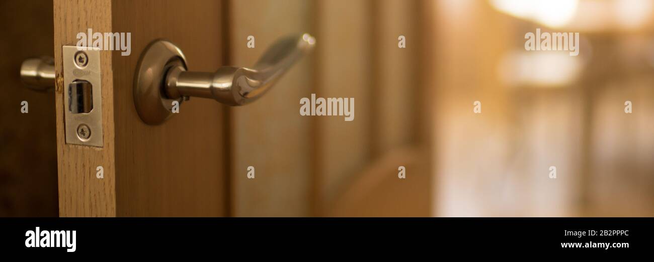 Porta con maniglia cromata nella sala soleggiata Foto Stock