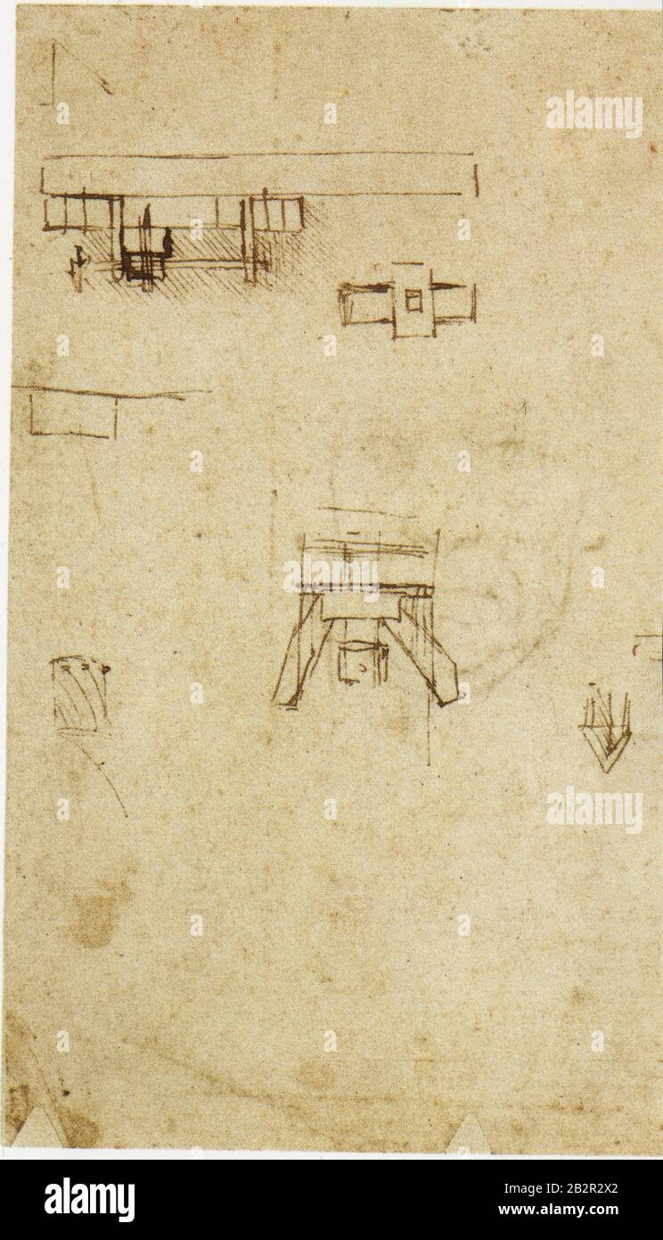 Leonardo da Vinci. Studi tecnologici, dispositivo simile a un trapano e dispositivo per la realizzazione di viti. 1489-1490 Foto Stock