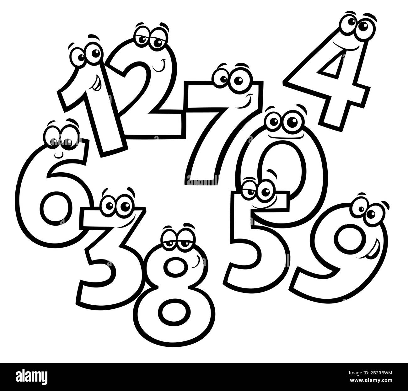 Illustrazioni Di Cartoni Animati Educativi In Bianco E Nero Di Funny Basic Numbers Caratteri Gruppo Coloring Book Page Illustrazione Vettoriale