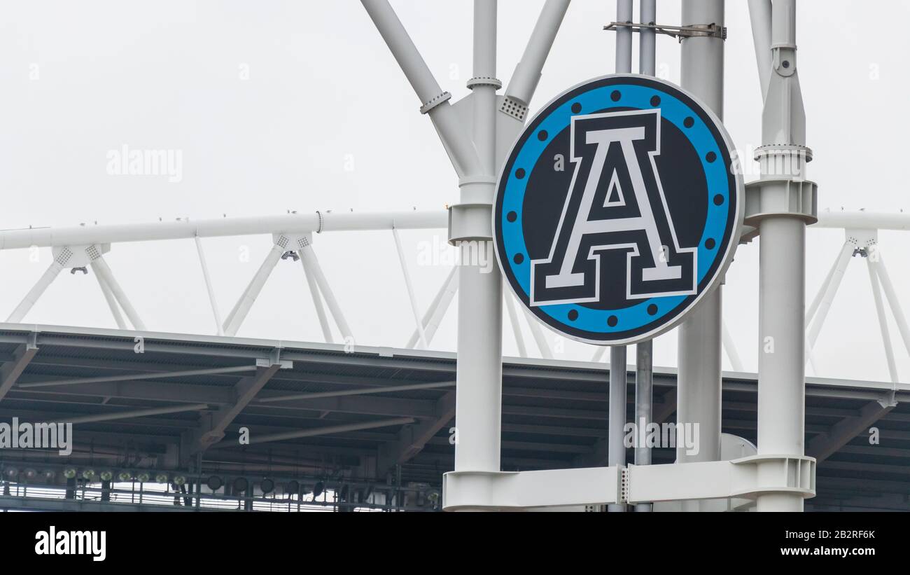 Toronto Argonauts CFL logo del team su un cartello presso il loro stadio nel centro di Toronto, BMO Field. Foto Stock