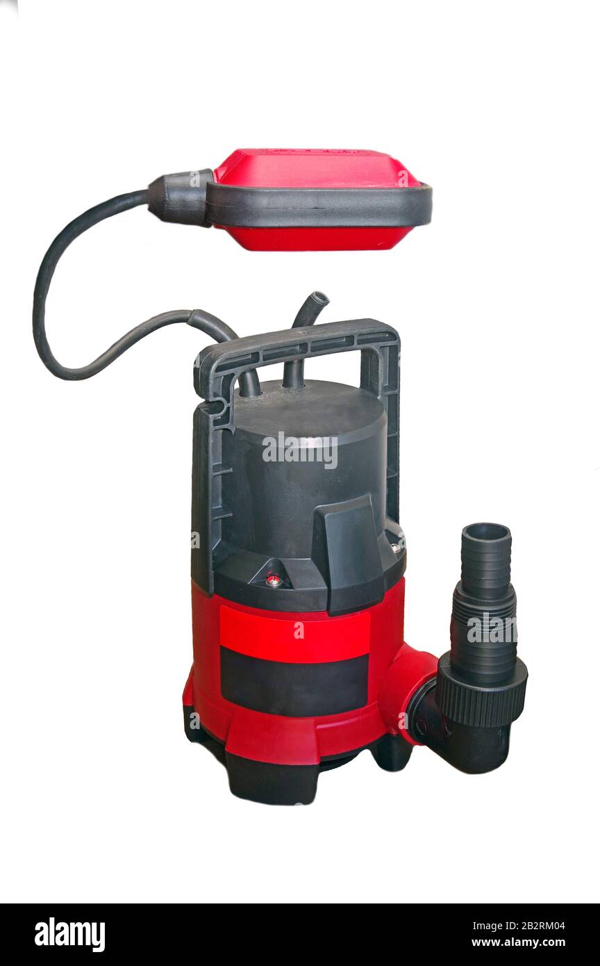Pompa sommergibile isolata su sfondo bianco con sensore di livello Foto Stock