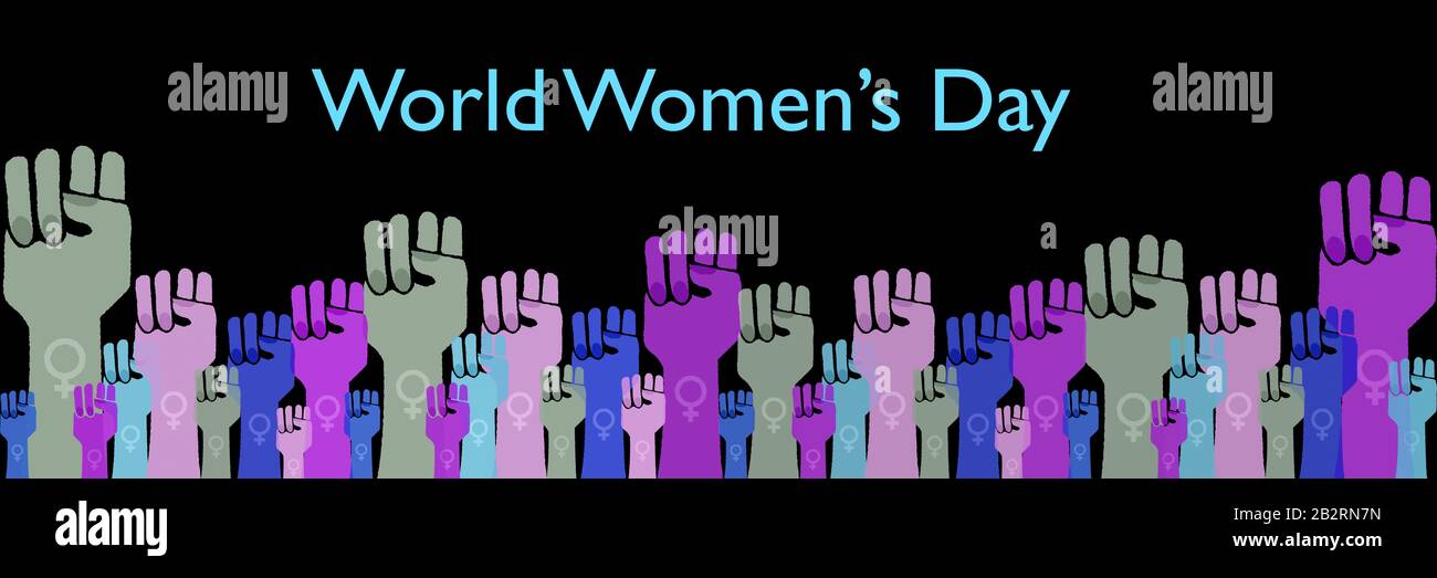 World Women's Day, Womens ha alzato la bandiera di illustrazione dei pugni, diritti delle donne, potere, solidarietà e concetto di protesta Foto Stock