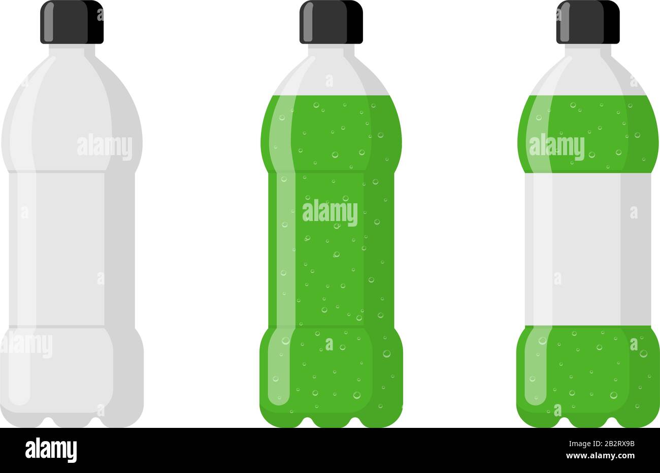 Set di flaconi in plastica vuoto con bevanda analcolica verde ed etichetta. Bevanda gassata con bolle nella tara immagine vettoriale isolata piatta Illustrazione Vettoriale