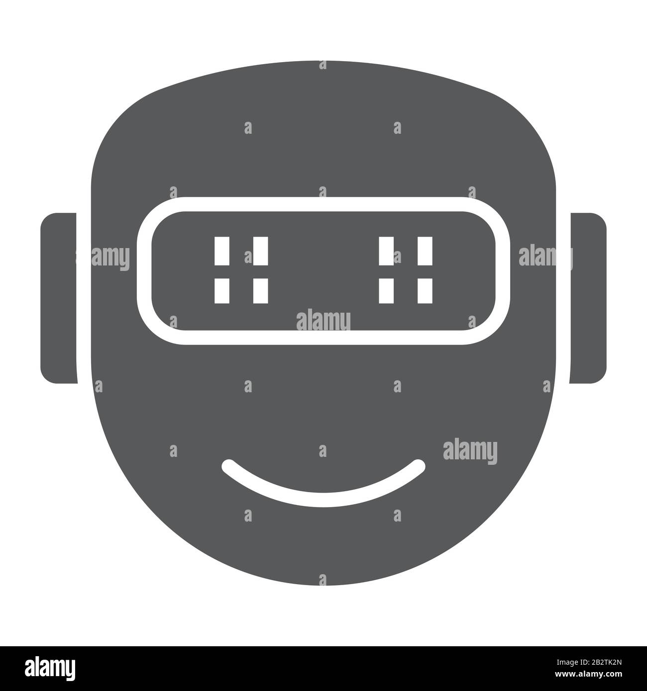 Icona, tecnologia e cyborg della robotica emotiva, segno di sorriso sul volto del robot, grafica vettoriale, pattern solido su sfondo bianco, eps 10. Illustrazione Vettoriale