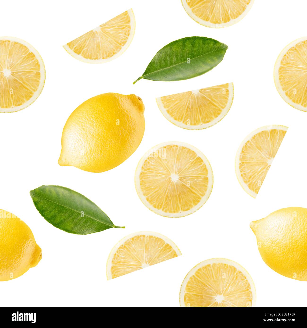 pattern con fettine di limone e foglie su sfondo bianco. Foto Stock