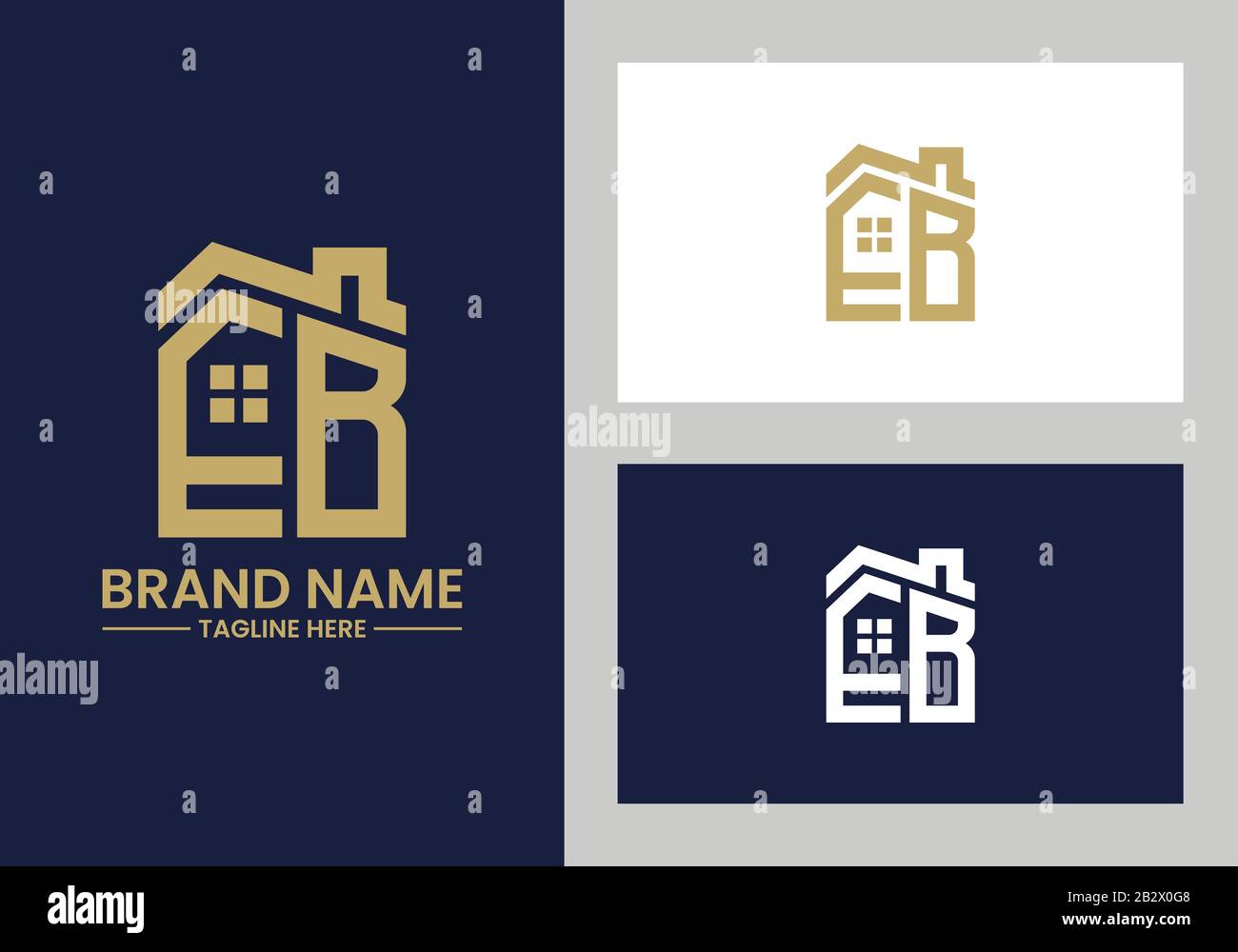 Lettera iniziale e e B con il tetto. Concetto di design del logo immobiliare. Illustrazione Vettoriale