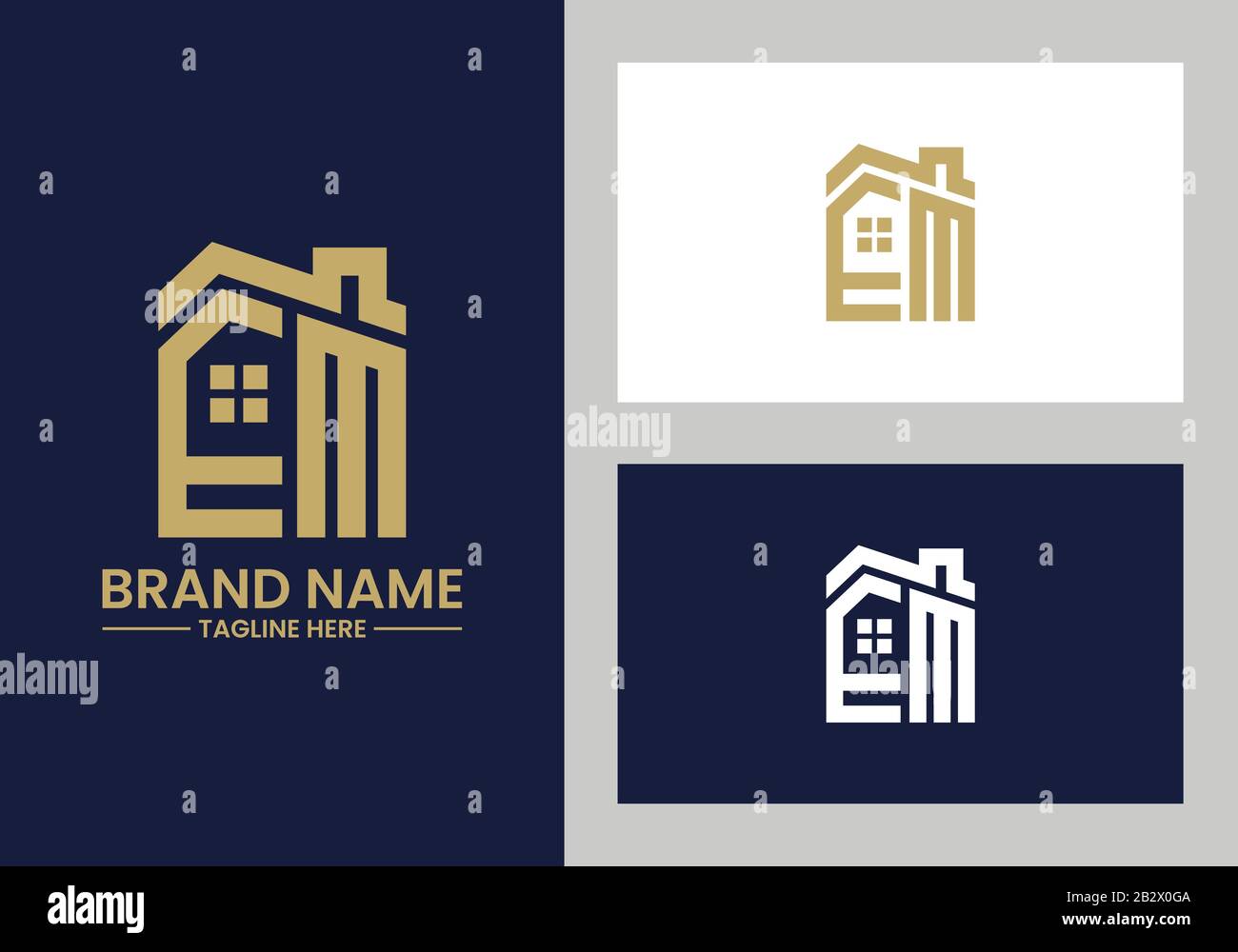 Lettera iniziale e e M con il tetto. Concetto di design del logo immobiliare. Illustrazione Vettoriale