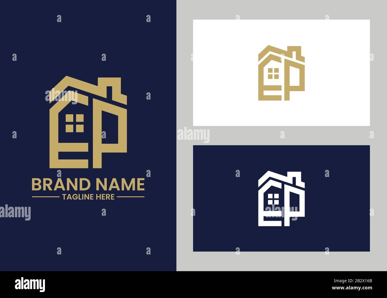 Lettera iniziale e e P con il tetto. Concetto di design del logo immobiliare. Illustrazione Vettoriale
