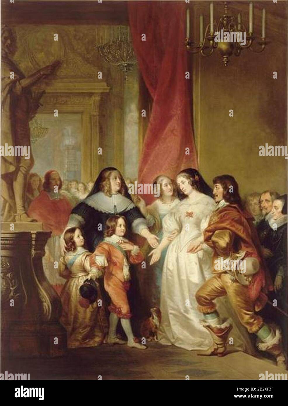Gaston de France presenta la sorella regina Henrietta Maria d'Inghilterra al neonato Luigi XIV, sua madre e suo fratello, Decaisne Henri. Foto Stock
