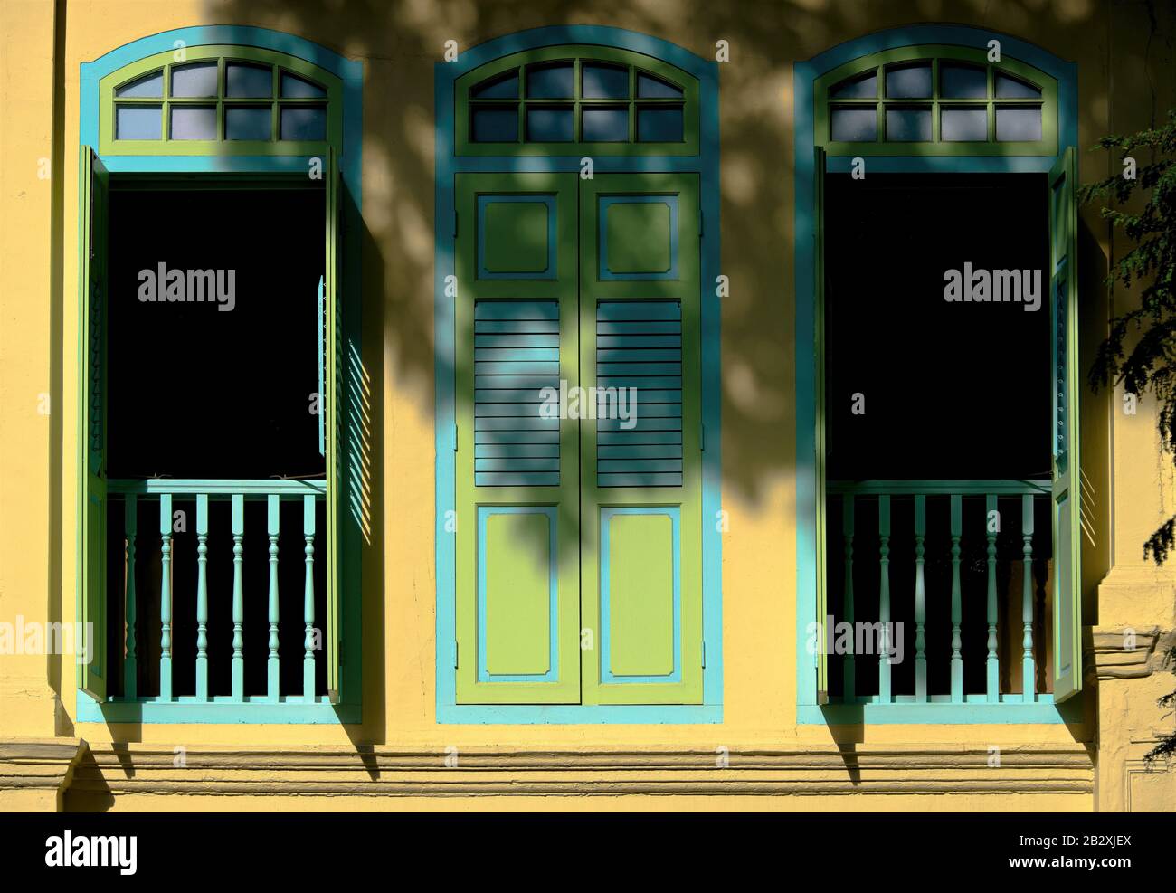Singapore shophouse con antiche persiane di legno verde e blu alla luce della sera e ombra dell'albero nella storica Duxton Hill con vista frontale esterna Foto Stock