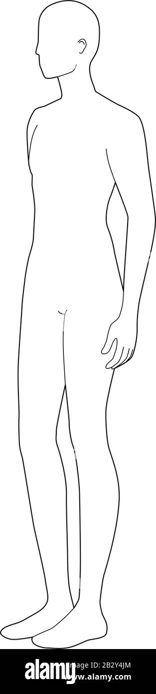 Modello di moda di uomini in piedi. 9 dimensioni testa per disegno tecnico. Signori figura 3-4 vista. Vettore contorno ragazzo per moda schizzo e illustrazione. Illustrazione Vettoriale