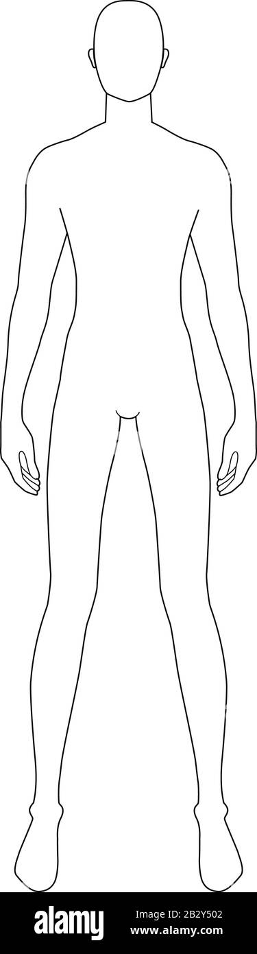 Modello di moda di uomini in piedi con gambe larghe. 9 dimensioni testa per disegno tecnico. Signori figura vista frontale. Vettore contorno ragazzo per moda schizzo e illustrazione. Illustrazione Vettoriale