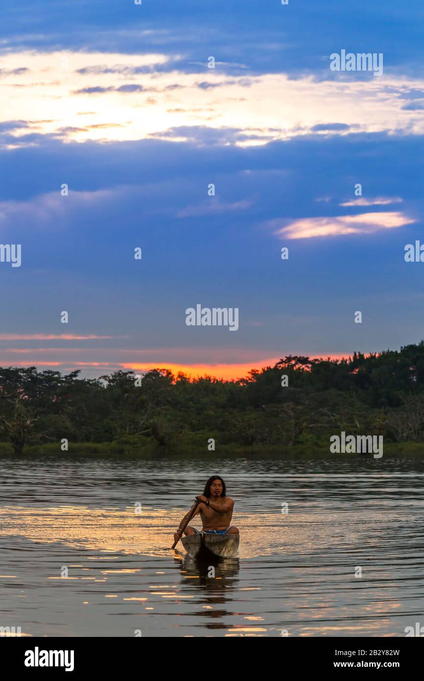 Nativo Cresciuto Man Con Barca Su Pond Grande Cuyabeno National Park Ecuador A Sundown Model Rilasciato Foto Stock