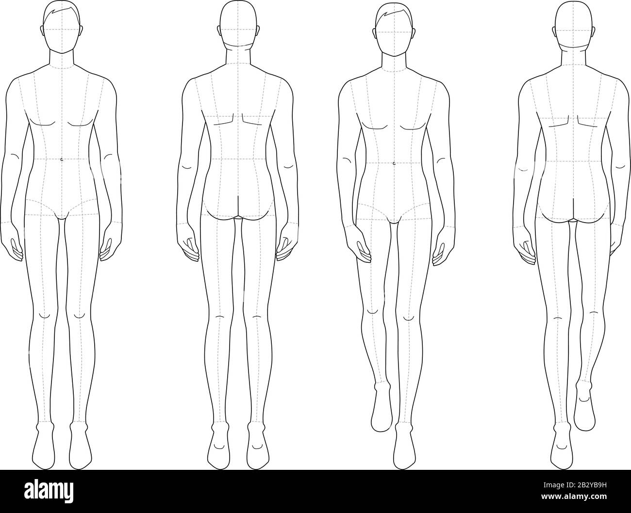 Modello di moda di uomini in piedi e a piedi. 9 dimensioni testa per disegno tecnico con linee principali. I signori sono una vista frontale e una vista posteriore. Vettore contorno ragazzo per moda schizzo e illustrazione. Illustrazione Vettoriale