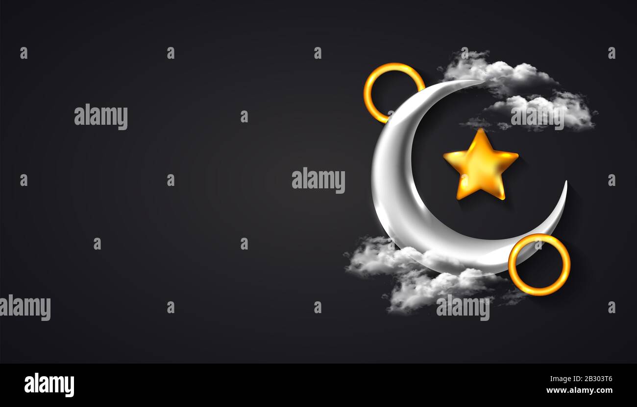Ramadan Kareem sfondo con luna crescente realistica, stella, e anello con colore argento dorato. Perfetto per banner, saluti. Illustrazione del vettore Foto Stock