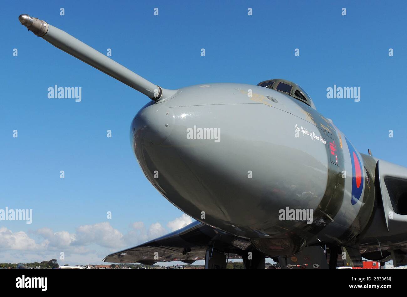 Vulcan to the Sky's Avro Vulcan B2 "Spirit of Great Britain" (XH558/G-VLCN), in esposizione statica all'aeroporto di Prestwick durante lo Scottish Airshow 2014. Foto Stock